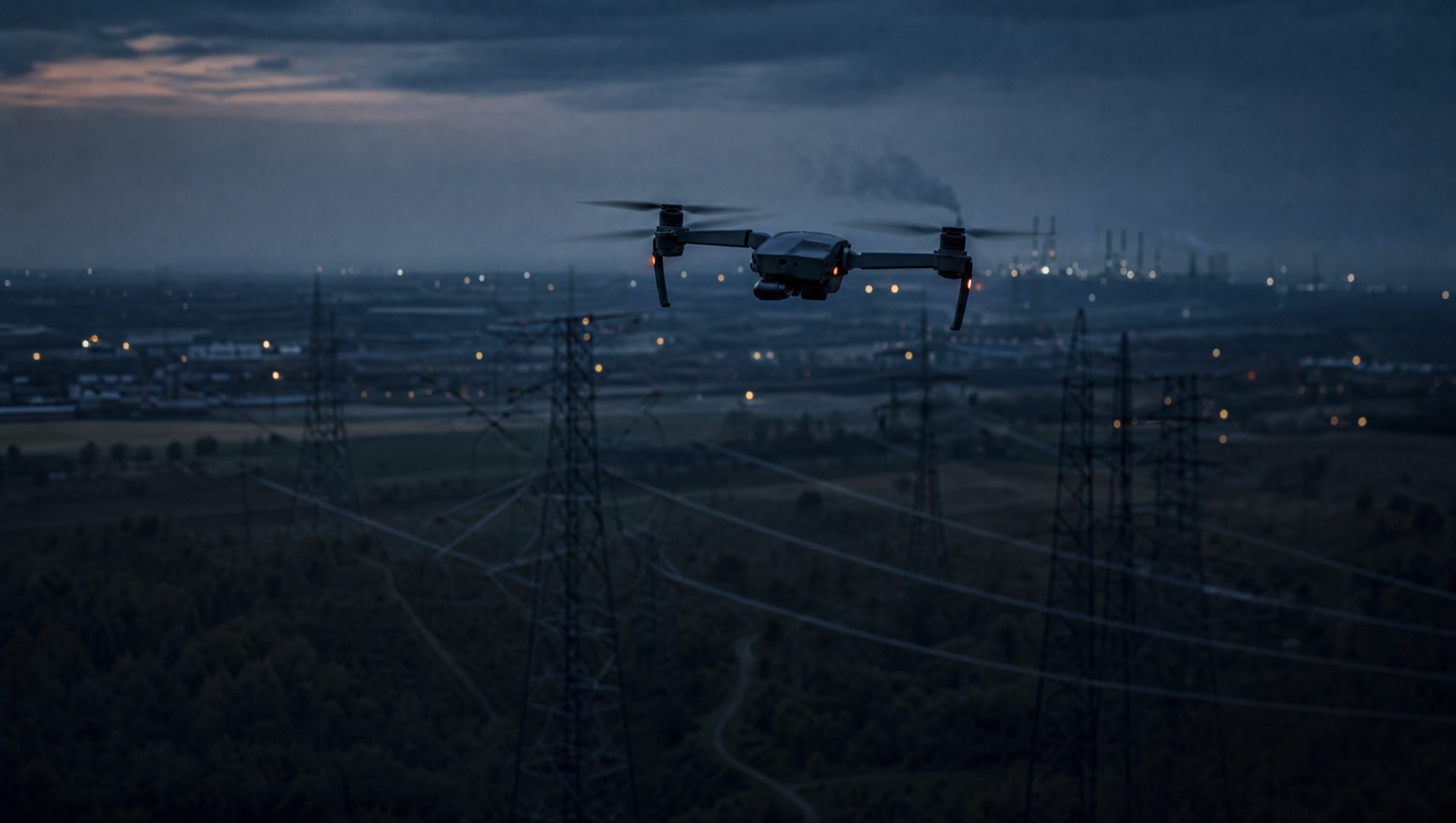 Commercial drone in flight above electrical transmission towers at dusk