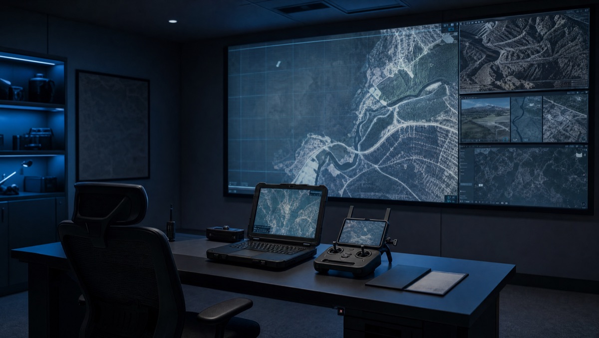 Drone operations coordination room with wall monitors, a rugged laptop and a drone controller on the desk