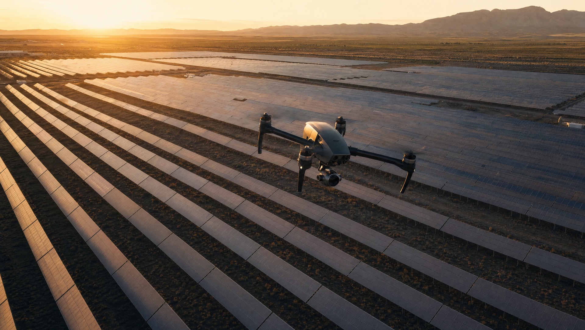 Drone flying low over rows of solar panels at golden hour