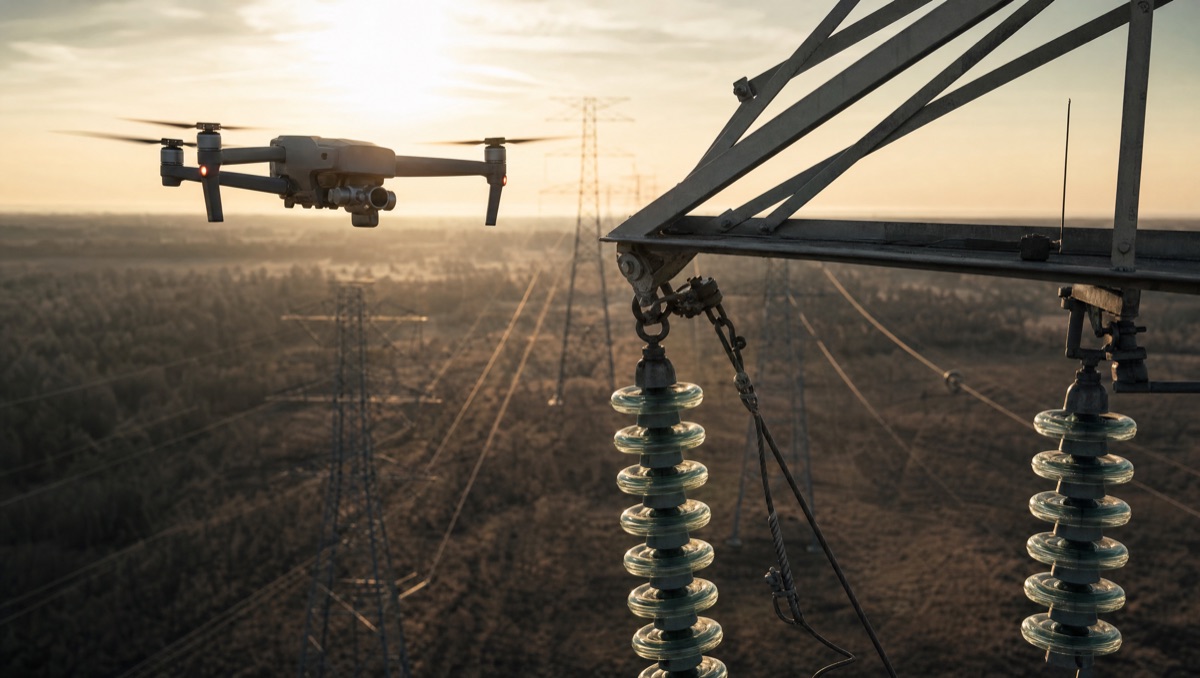 Inspection drone hovering beside high voltage transmission line insulators at golden hour